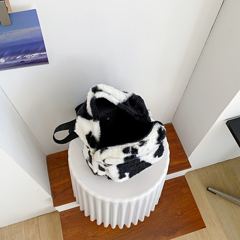 Cow Print Fluffy Backpack, Small Fuzzy Shoulder Bag For Work & School, Women's Top Handle Backpack Purse