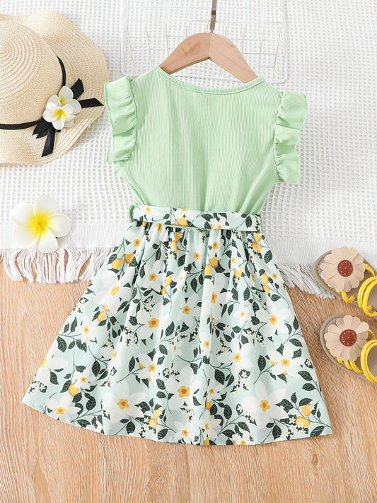 Adorable Toddler Princess Dress - Ruffled Sleeves, Floral Pattern, Belted Waist, Perfect for Party, Summer, Kids' Special Occasions - High-Quality, Comfortable, and Stylish Summer Clothes for Little Girls
