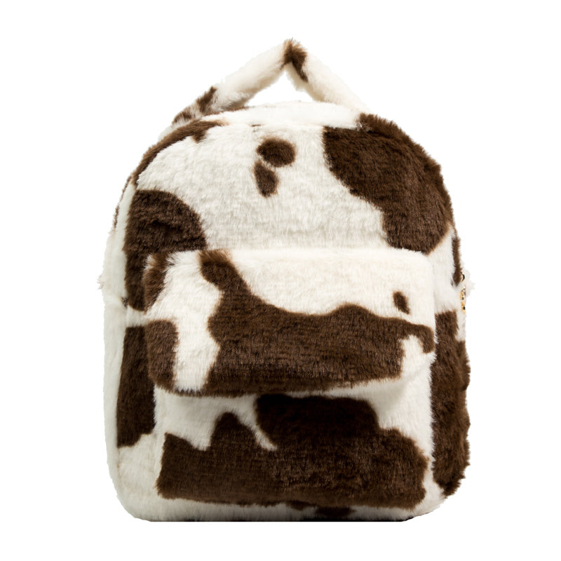 Cow Print Fluffy Backpack, Small Fuzzy Shoulder Bag For Work & School, Women's Top Handle Backpack Purse