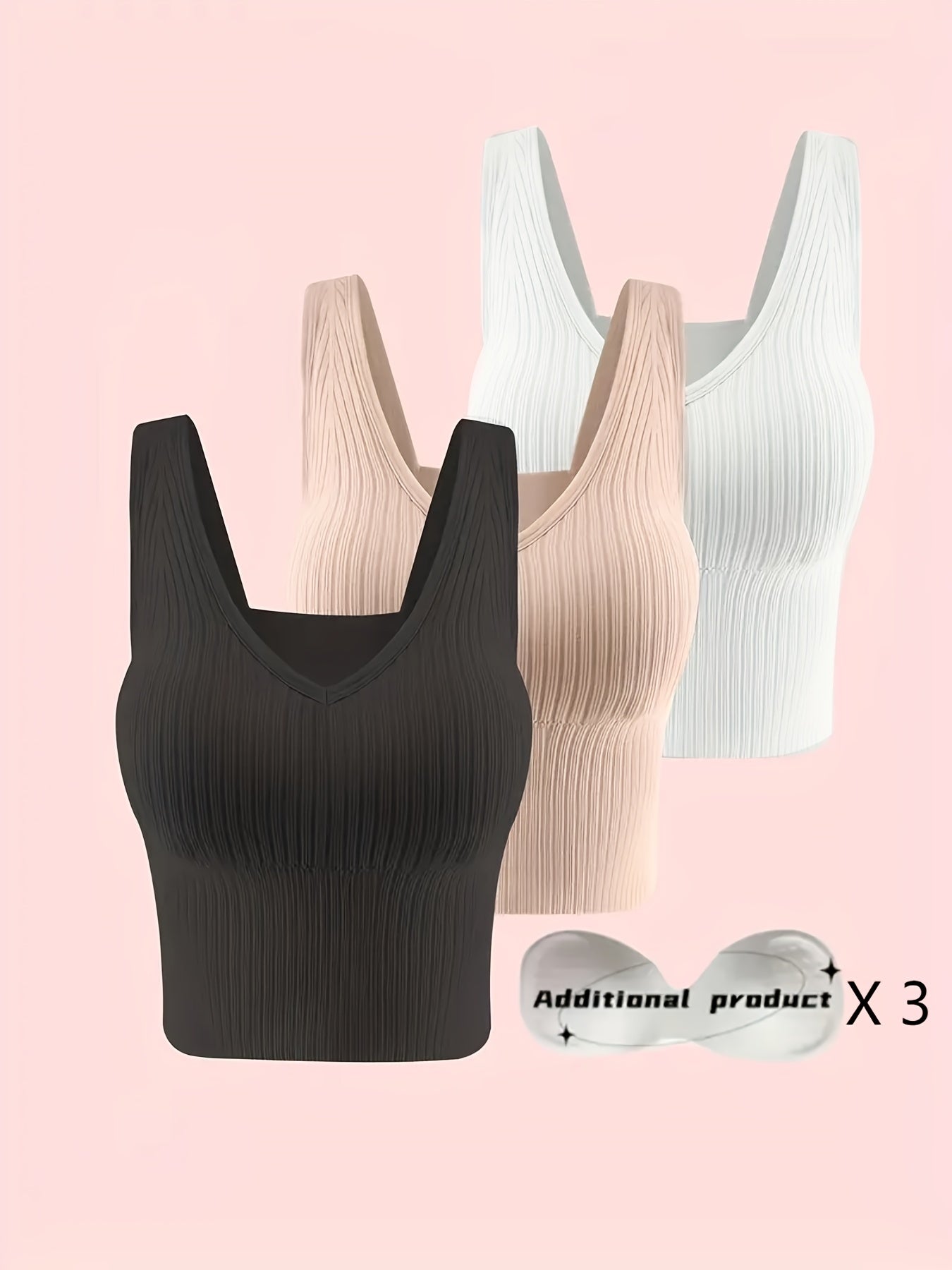 3pcs Comfortable Ribbed Tank Top - Wireless, Detachable Chest Pads, Breathable, Soft, and Seamless Lingerie & Underwear for Women - Casual, Everyday Wear