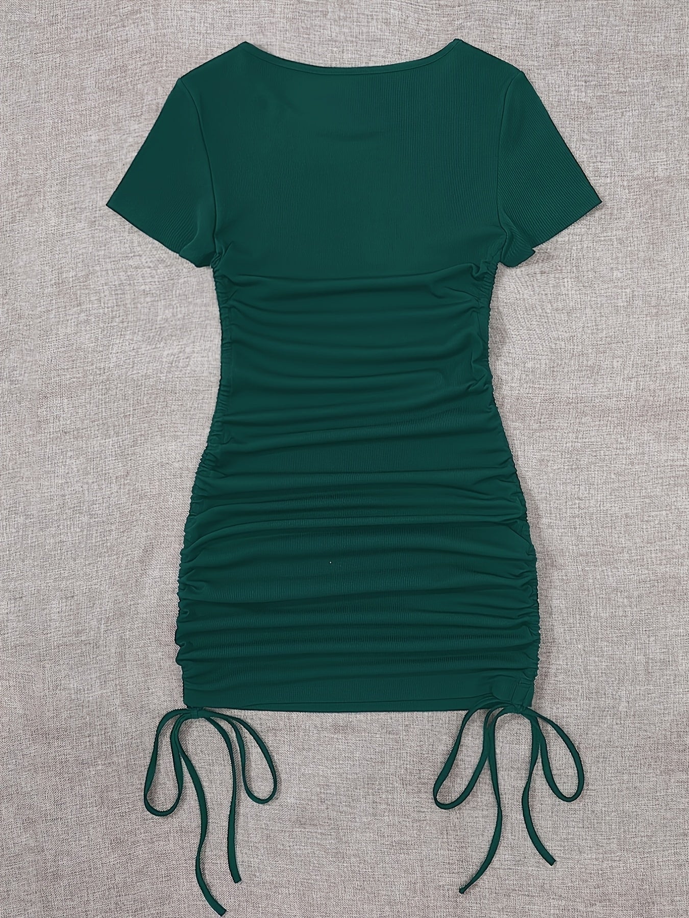 Womens Ruched Skinny Dress - Adjustable Drawstring Waist, Solid Color, Short Sleeve, Crew Neck, Chic and Versatile Casual Wear for Women