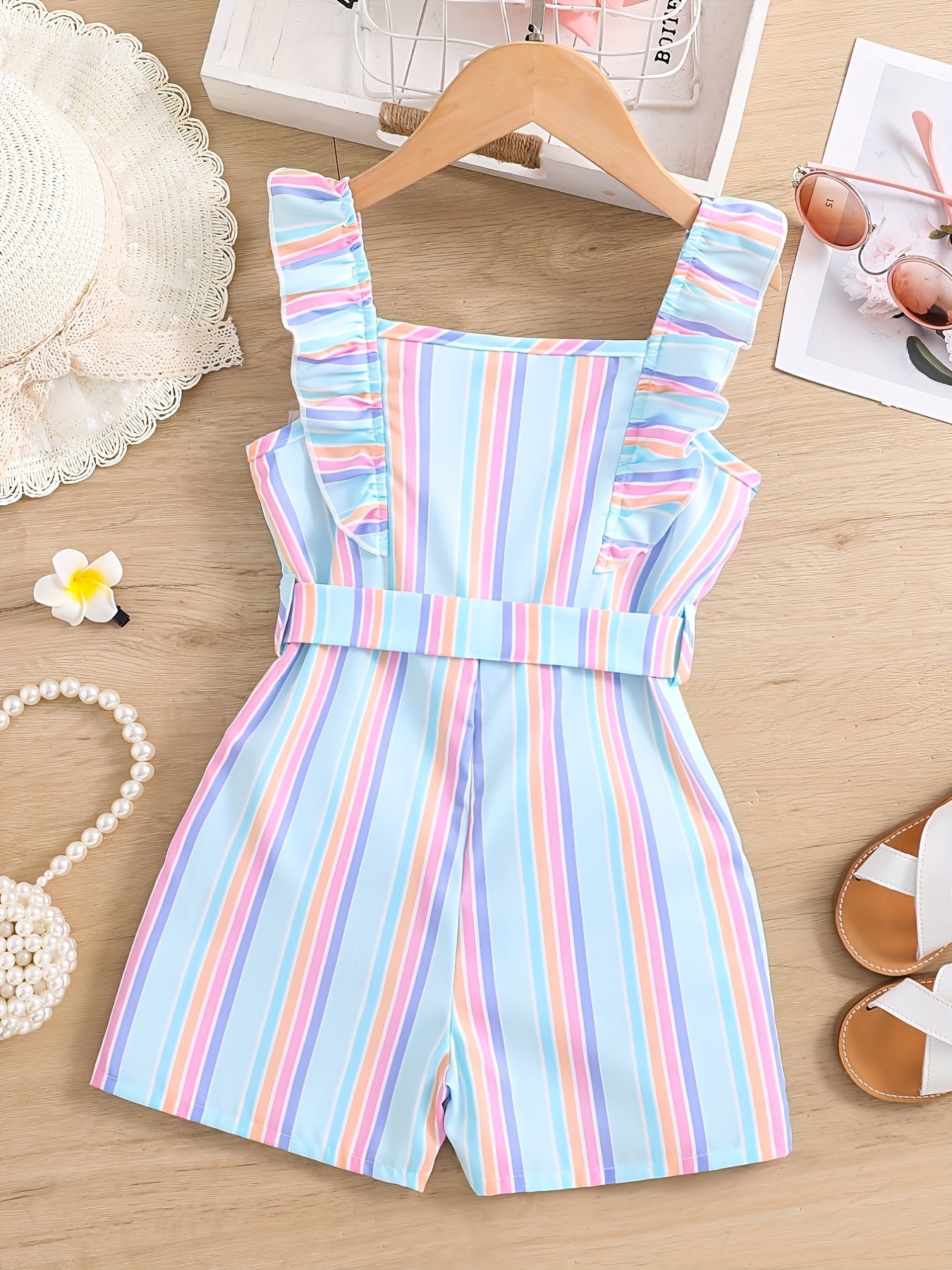 HWMFSNHFZ Girls' Sleeveless Striped Jumpsuit with Ruffled Hem & Adjustable Waist Belt - Light Blue, Pink, White Stripes, Square Neck, Summer Casual Outfit for Outdoor Play, Sleeveless Jumpsuit, Nonelastic Fabric