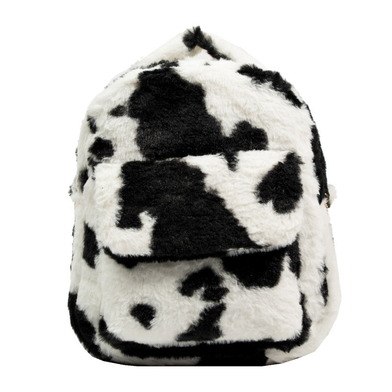 Cow Print Fluffy Backpack, Small Fuzzy Shoulder Bag For Work & School, Women's Top Handle Backpack Purse