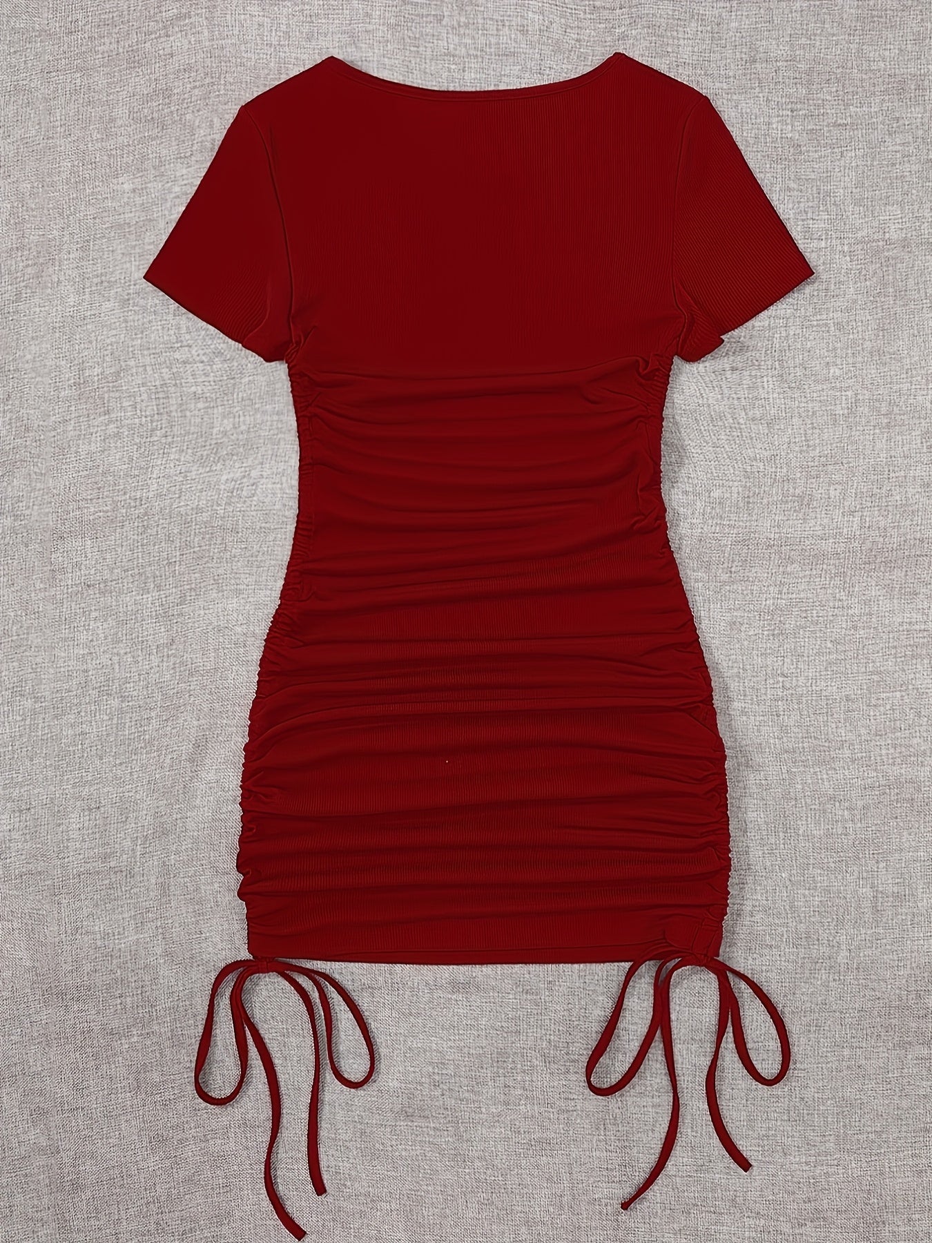 Womens Ruched Skinny Dress - Adjustable Drawstring Waist, Solid Color, Short Sleeve, Crew Neck, Chic and Versatile Casual Wear for Women