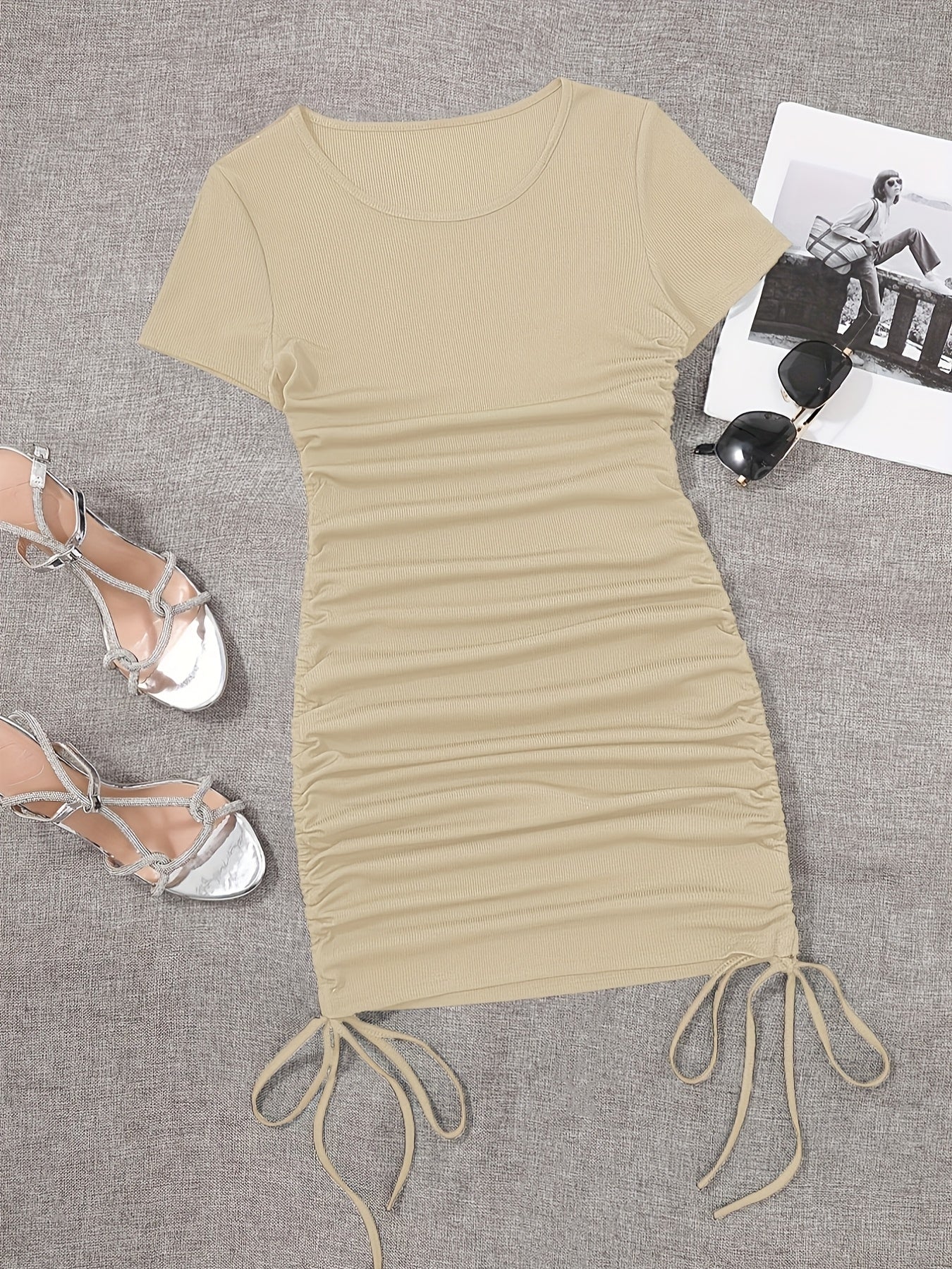 Womens Ruched Skinny Dress - Adjustable Drawstring Waist, Solid Color, Short Sleeve, Crew Neck, Chic and Versatile Casual Wear for Women