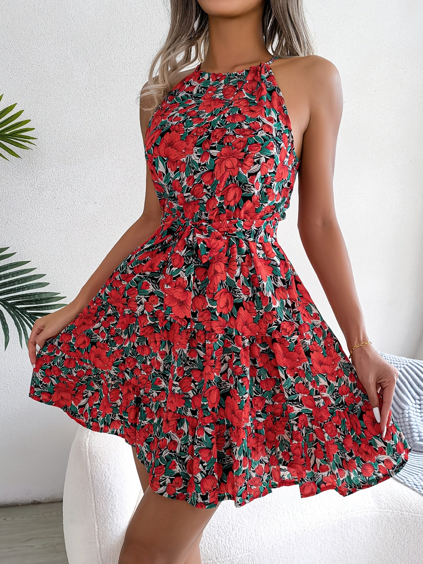 Floral Print Belted Beach Dress, Sleeveless Casual Vacation Dress For Summer & Spring, Women's Clothing