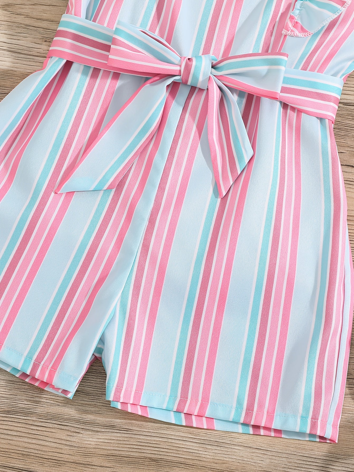 HWMFSNHFZ Girls' Sleeveless Striped Jumpsuit with Ruffled Hem & Adjustable Waist Belt - Light Blue, Pink, White Stripes, Square Neck, Summer Casual Outfit for Outdoor Play, Sleeveless Jumpsuit, Nonelastic Fabric