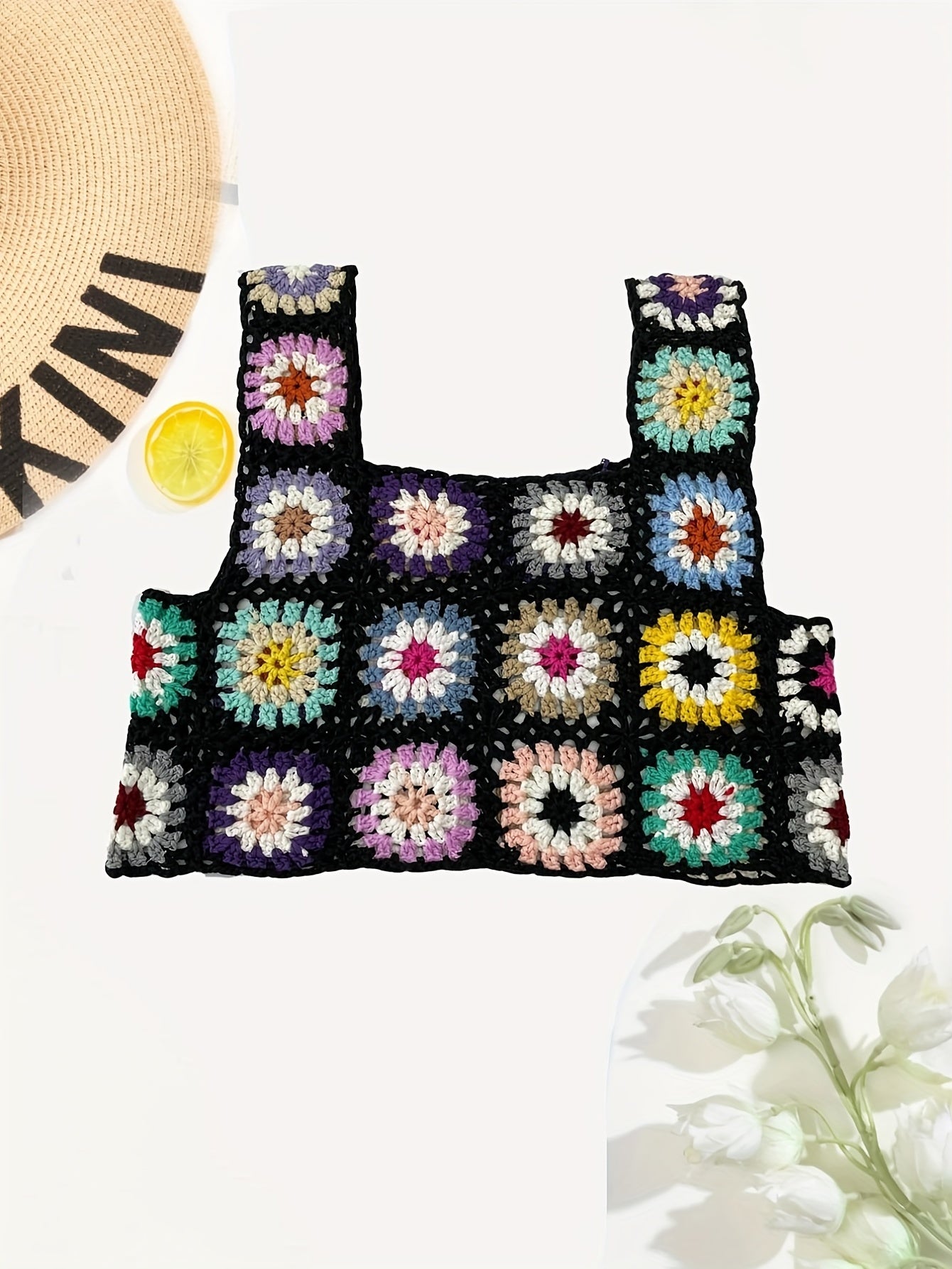 Floral Crochet Top, Sexy Squared Neck Summer Beach Wear Sleeveless Top, Women's Clothing