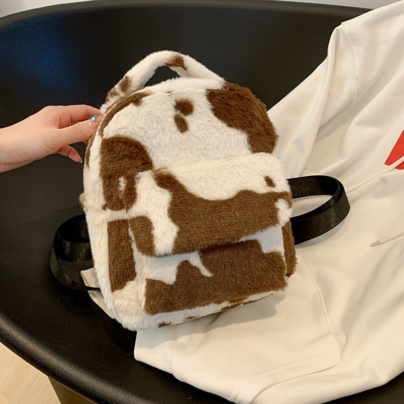 Cow Print Fluffy Backpack, Small Fuzzy Shoulder Bag For Work & School, Women's Top Handle Backpack Purse