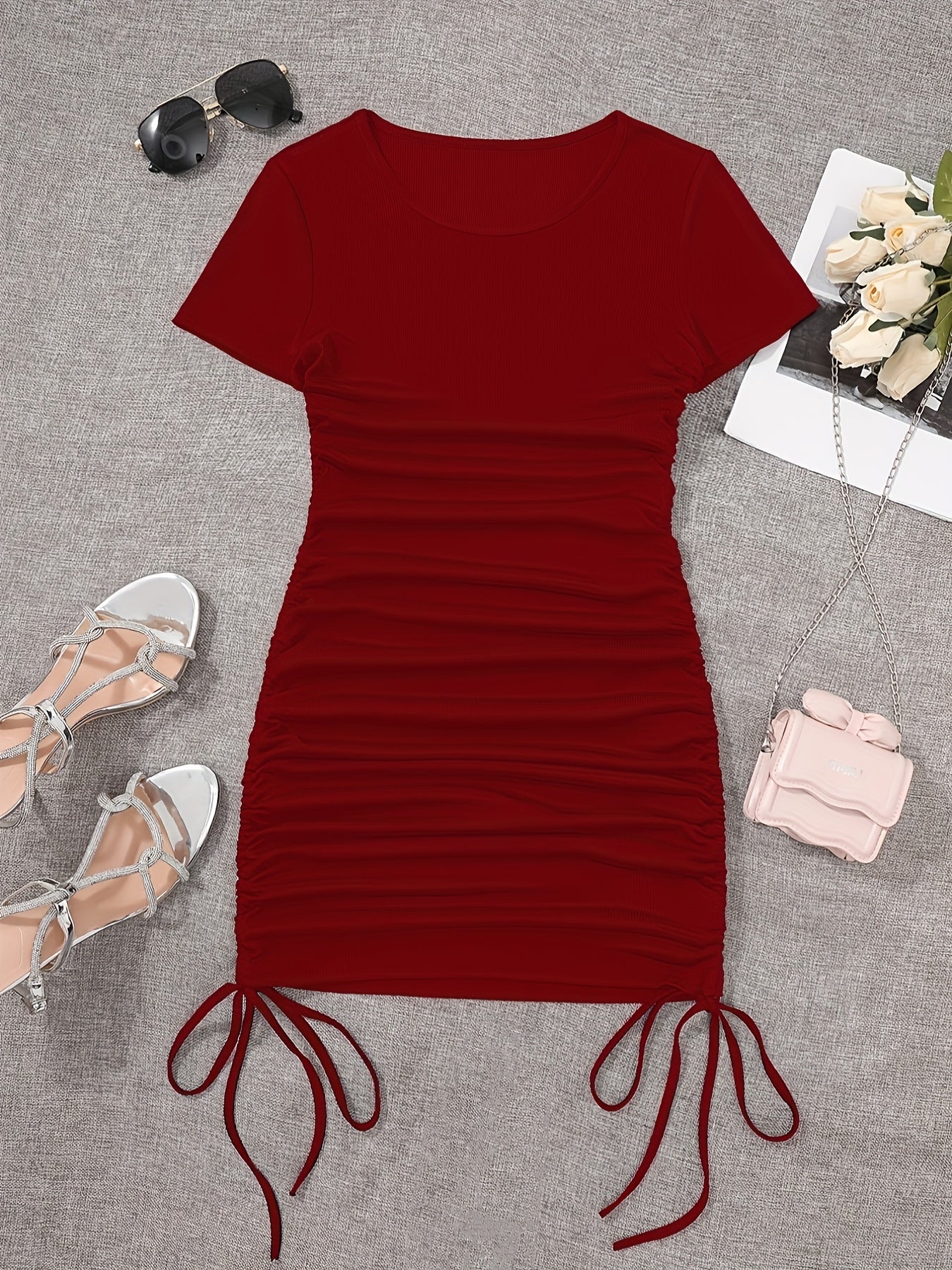 Womens Ruched Skinny Dress - Adjustable Drawstring Waist, Solid Color, Short Sleeve, Crew Neck, Chic and Versatile Casual Wear for Women