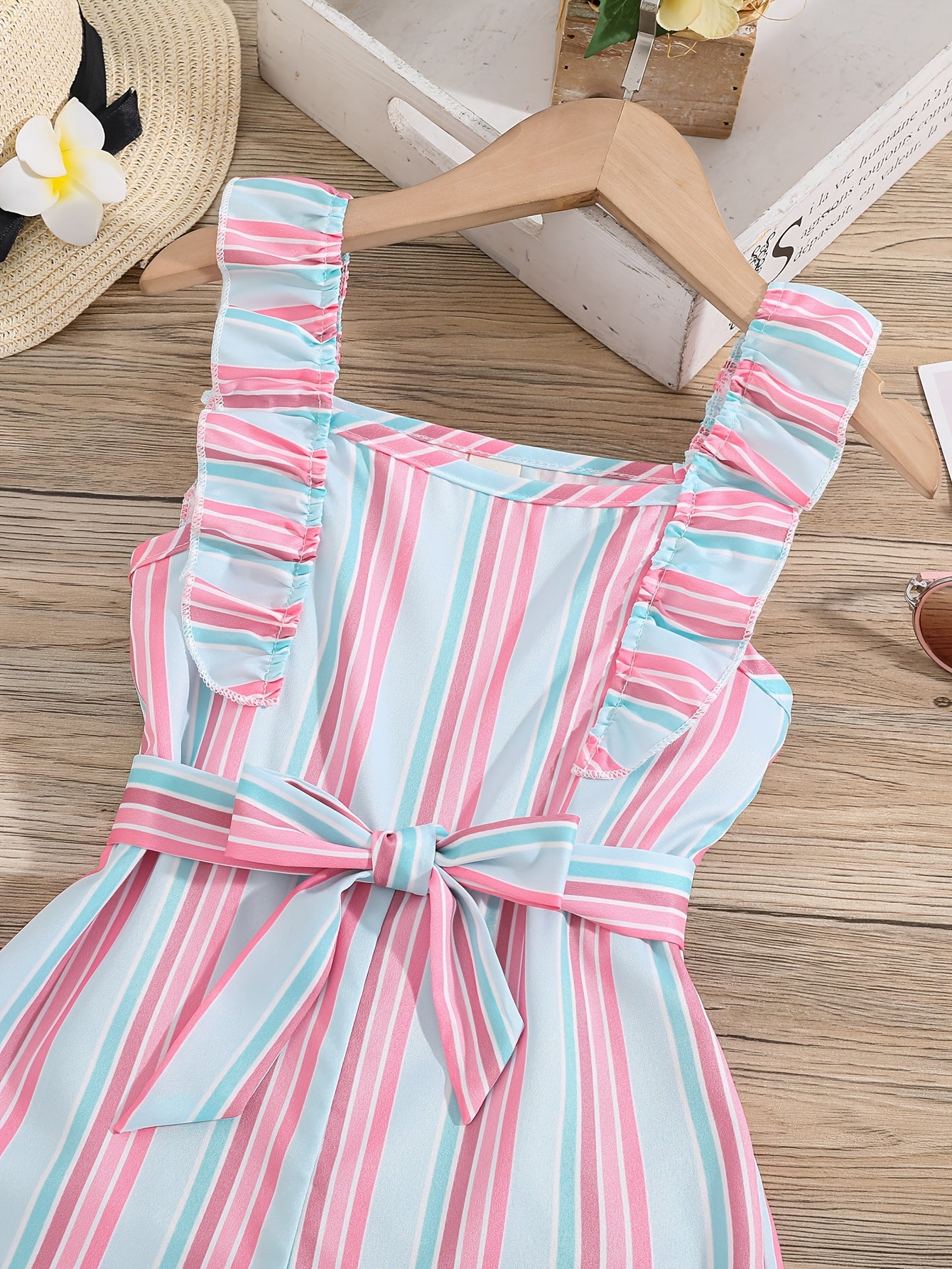 HWMFSNHFZ Girls' Sleeveless Striped Jumpsuit with Ruffled Hem & Adjustable Waist Belt - Light Blue, Pink, White Stripes, Square Neck, Summer Casual Outfit for Outdoor Play, Sleeveless Jumpsuit, Nonelastic Fabric