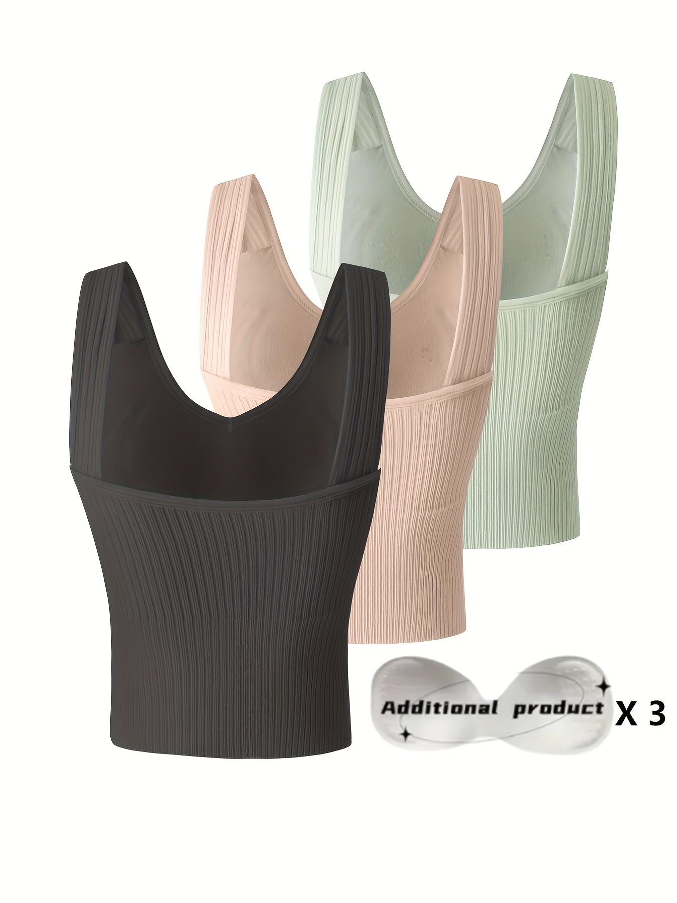 3pcs Comfortable Ribbed Tank Top - Wireless, Detachable Chest Pads, Breathable, Soft, and Seamless Lingerie & Underwear for Women - Casual, Everyday Wear