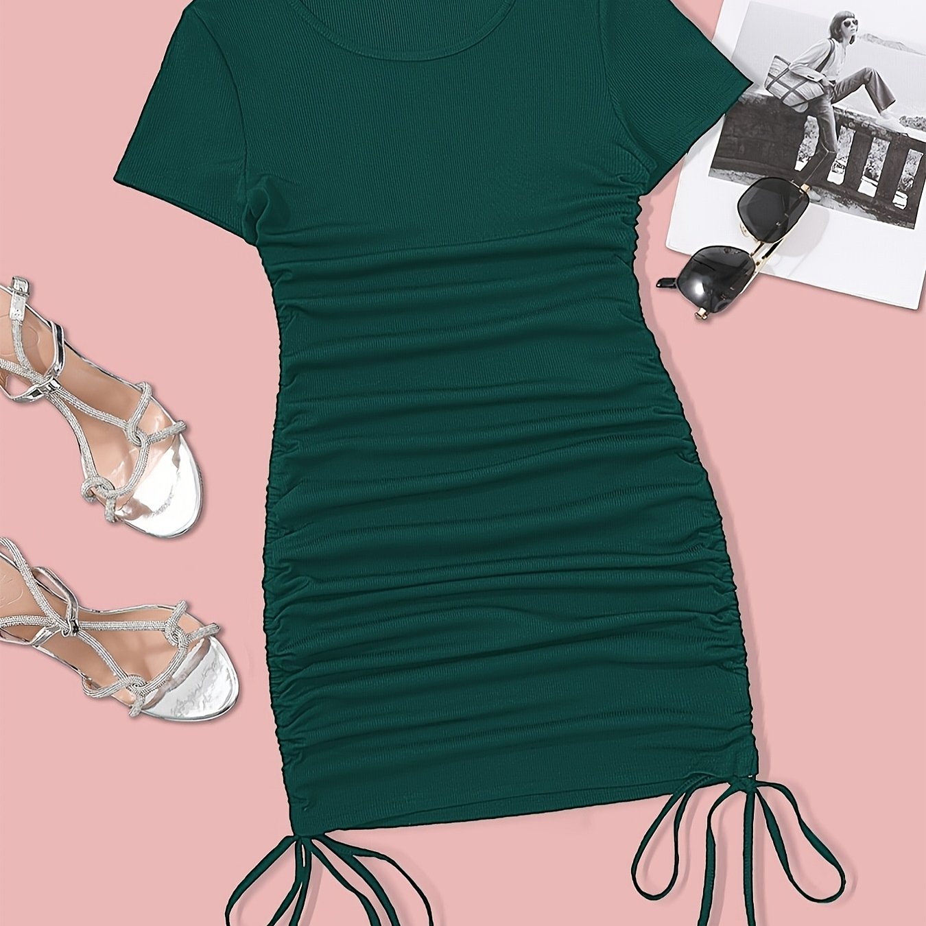 Womens Ruched Skinny Dress - Adjustable Drawstring Waist, Solid Color, Short Sleeve, Crew Neck, Chic and Versatile Casual Wear for Women