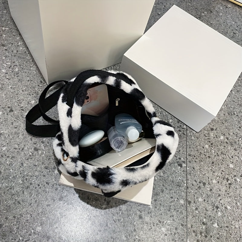 Cow Print Fluffy Backpack, Small Fuzzy Shoulder Bag For Work & School, Women's Top Handle Backpack Purse