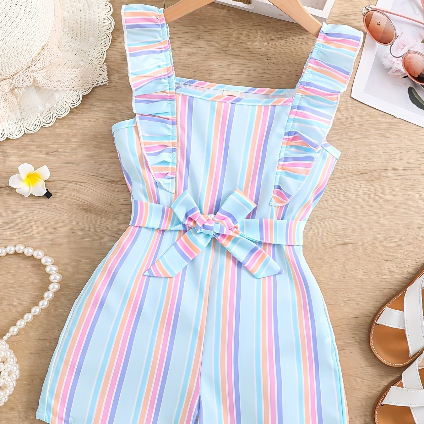 HWMFSNHFZ Girls' Sleeveless Striped Jumpsuit with Ruffled Hem & Adjustable Waist Belt - Light Blue, Pink, White Stripes, Square Neck, Summer Casual Outfit for Outdoor Play, Sleeveless Jumpsuit, Nonelastic Fabric