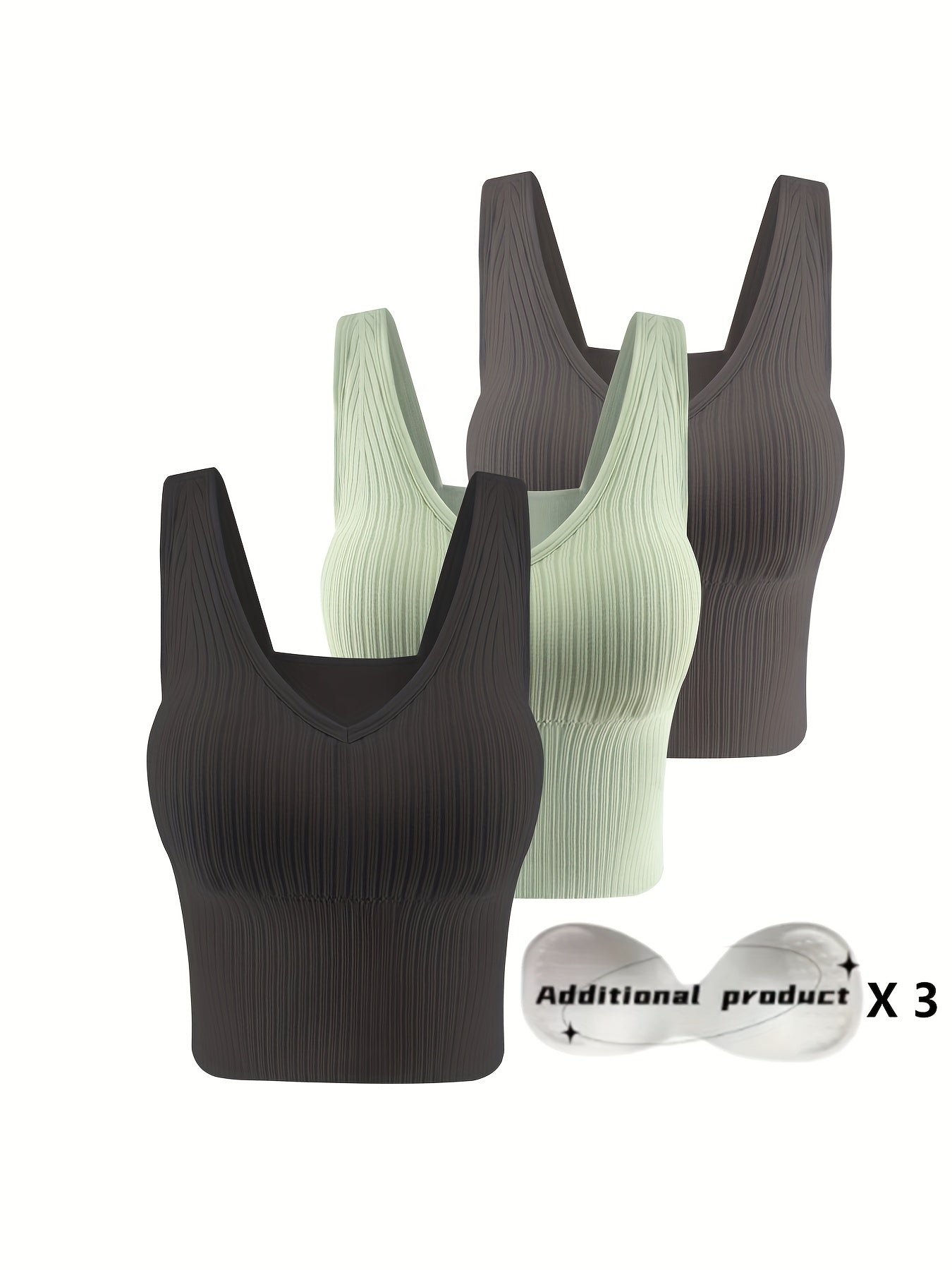 3pcs Comfortable Ribbed Tank Top - Wireless, Detachable Chest Pads, Breathable, Soft, and Seamless Lingerie & Underwear for Women - Casual, Everyday Wear