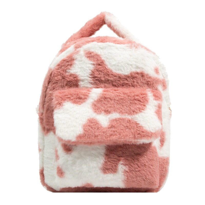 Cow Print Fluffy Backpack, Small Fuzzy Shoulder Bag For Work & School, Women's Top Handle Backpack Purse