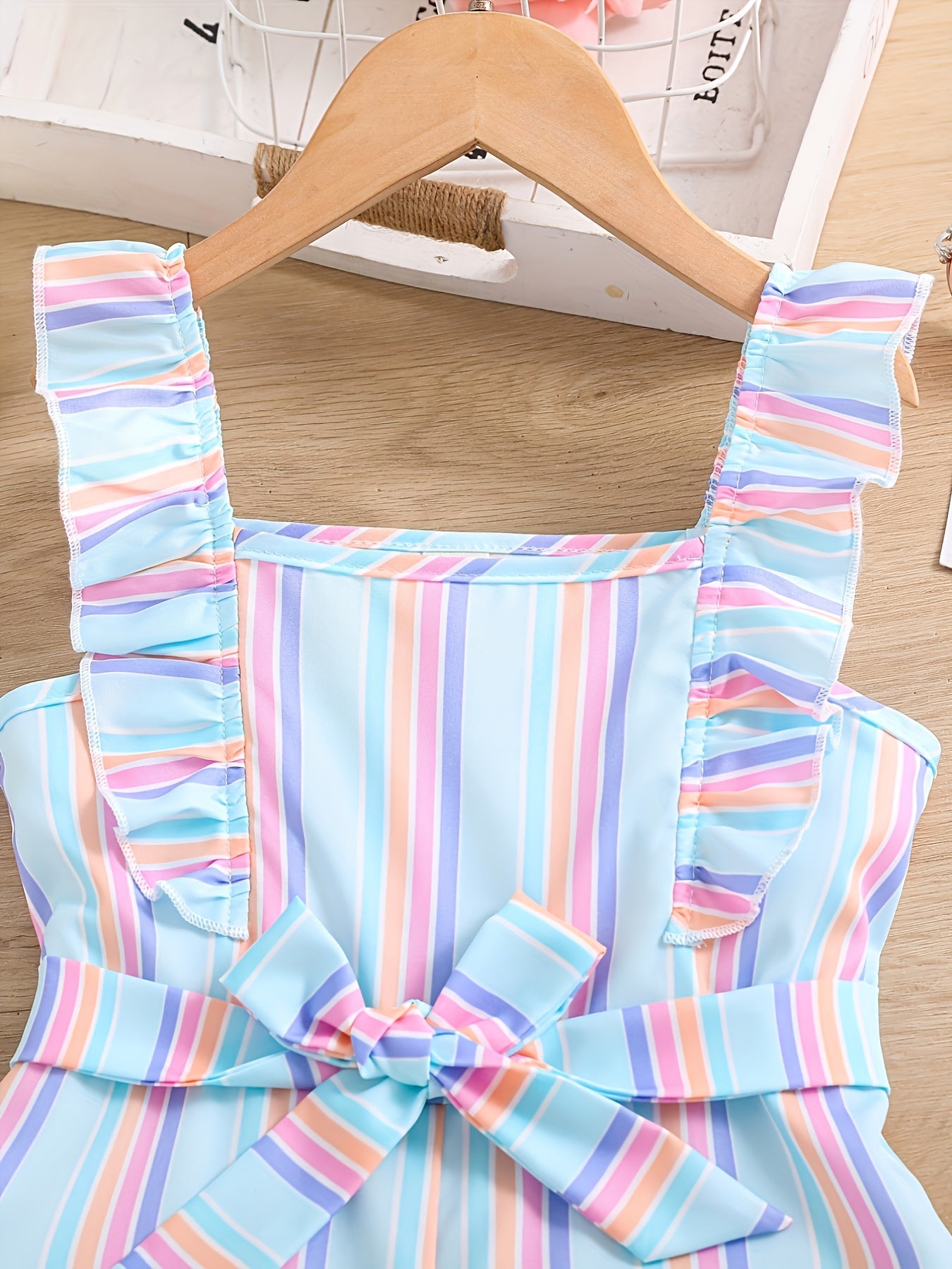 HWMFSNHFZ Girls' Sleeveless Striped Jumpsuit with Ruffled Hem & Adjustable Waist Belt - Light Blue, Pink, White Stripes, Square Neck, Summer Casual Outfit for Outdoor Play, Sleeveless Jumpsuit, Nonelastic Fabric
