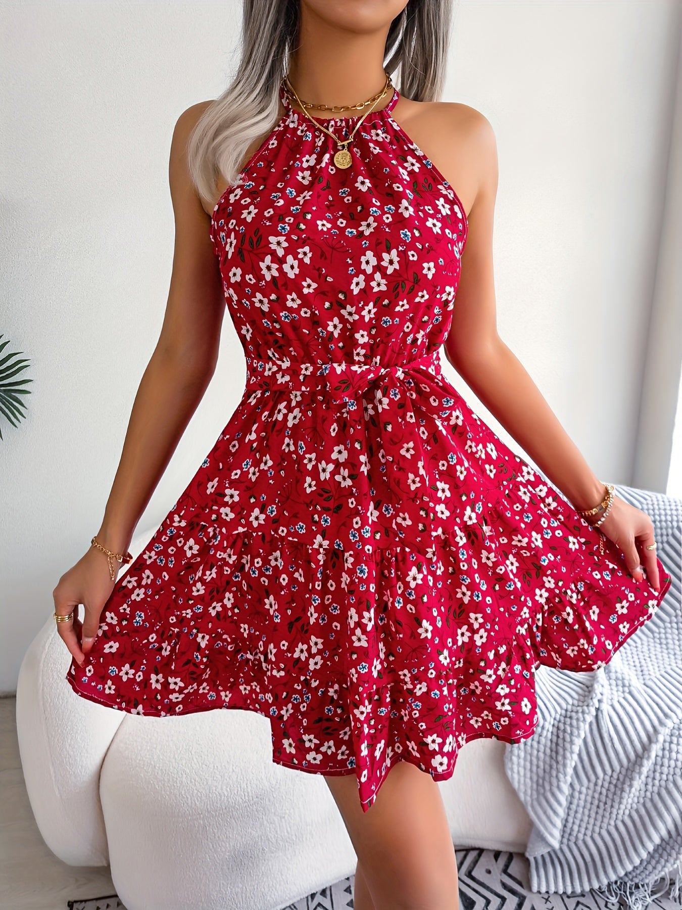 Floral Print Belted Beach Dress, Sleeveless Casual Vacation Dress For Summer & Spring, Women's Clothing
