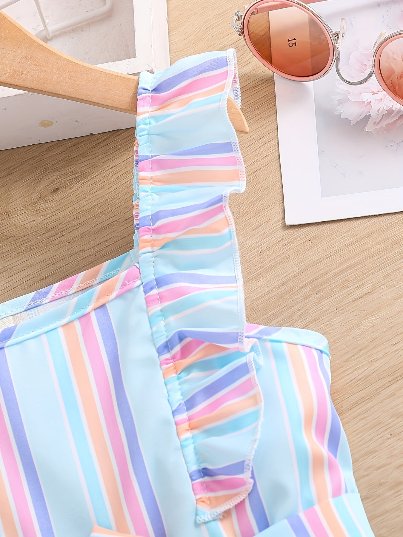 HWMFSNHFZ Girls' Sleeveless Striped Jumpsuit with Ruffled Hem & Adjustable Waist Belt - Light Blue, Pink, White Stripes, Square Neck, Summer Casual Outfit for Outdoor Play, Sleeveless Jumpsuit, Nonelastic Fabric