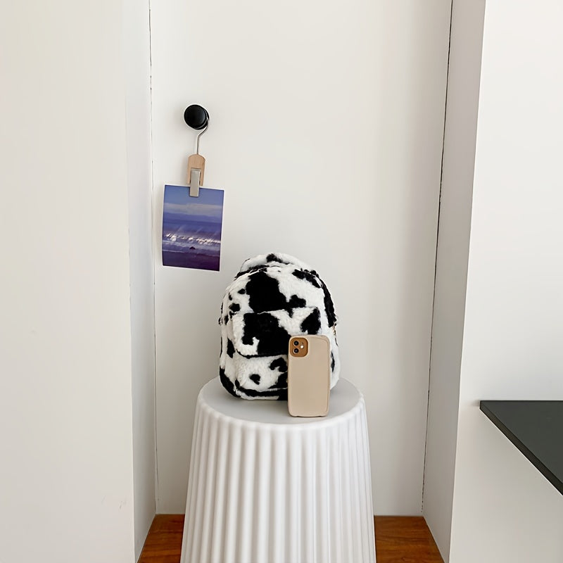 Cow Print Fluffy Backpack, Small Fuzzy Shoulder Bag For Work & School, Women's Top Handle Backpack Purse