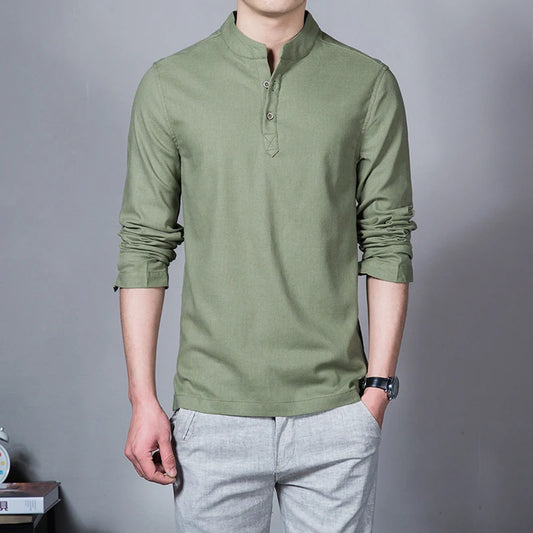 Men's Clothing Men Spring Tops & Tees Male Fashion T-Shirts Stand Collar Long-sleeved Slim Base Shirt Homme Linen t-shirt