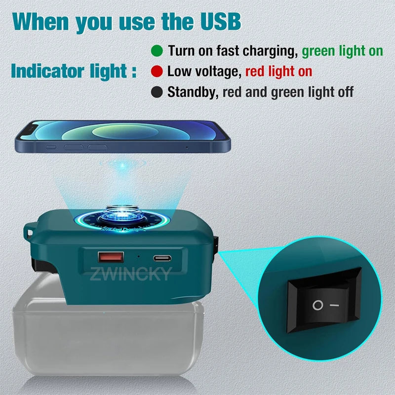 for Makita/Dewalt/Milwaukee 18V 20V Lithium Battery Wireless Charging Adapter Type C USB Charger Adapter Charging for Phone