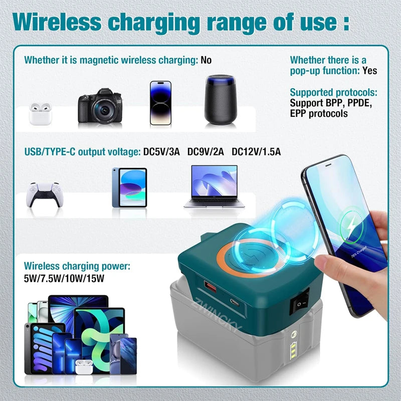 for Makita/Dewalt/Milwaukee 18V 20V Lithium Battery Wireless Charging Adapter Type C USB Charger Adapter Charging for Phone