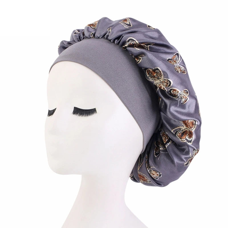 Butterfly Print Satin Sleeping Cap Wide Brim Nightcap Hair Care Turban Chemo Hat for Washing Face Skin-caring Make-up