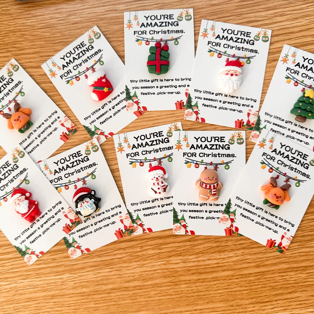10/40PCS Random Mini Christmas Cards - Emotional Support Gifts with Resin Charms, Santa, Stocking, Gingerbread, Snowman,Reindeer