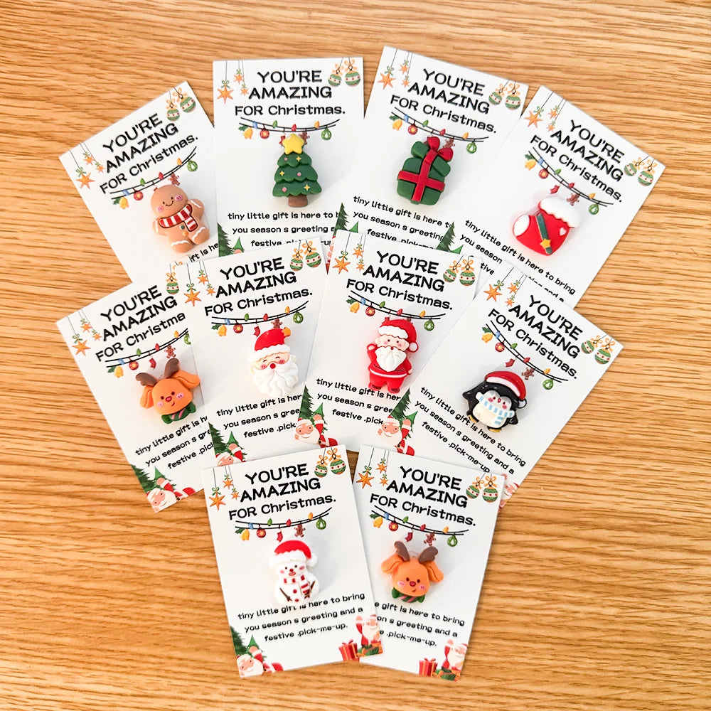 10/40PCS Random Mini Christmas Cards - Emotional Support Gifts with Resin Charms, Santa, Stocking, Gingerbread, Snowman,Reindeer