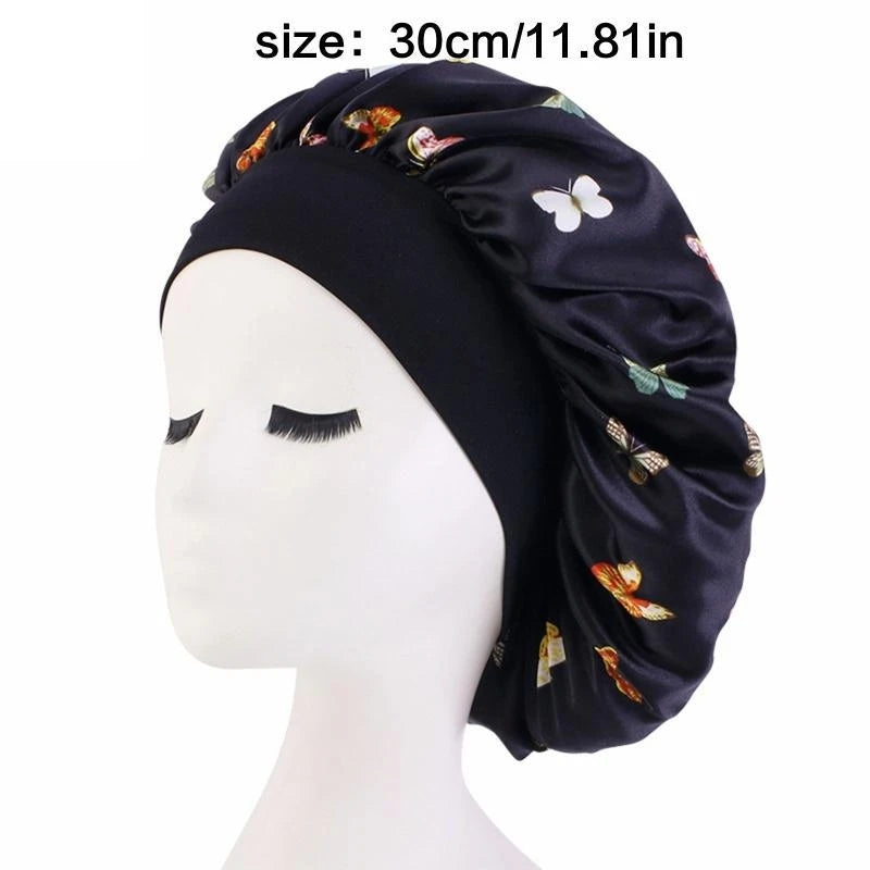 Butterfly Print Satin Sleeping Cap Wide Brim Nightcap Hair Care Turban Chemo Hat for Washing Face Skin-caring Make-up