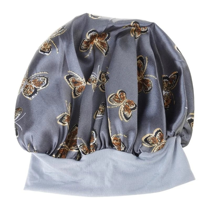 Butterfly Print Satin Sleeping Cap Wide Brim Nightcap Hair Care Turban Chemo Hat for Washing Face Skin-caring Make-up