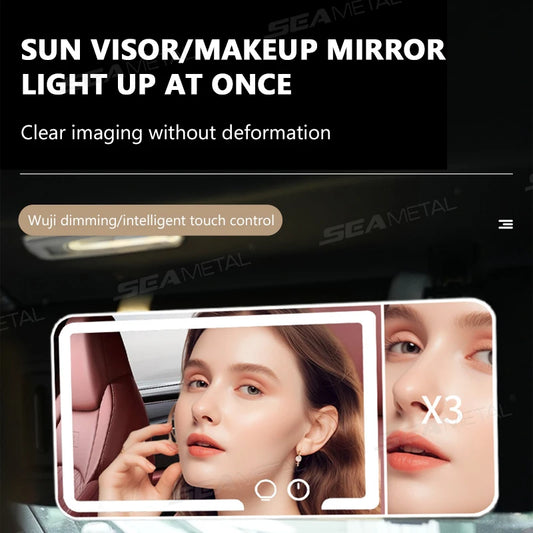 SEAMETAL Car Make Up Mirror Sun Visor Plate LED HD Makeup Mirrors 3X Magnifying Vanity Mirror 3 Color Light Mirror For Women