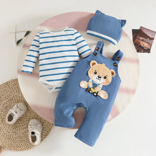 New Born Baby Clothes 0-18M Baby Boy Girls 3Pcs Outfit Sets Striped Cotton Bodysuit and Corduroy Cartoon Overalls Hat Daily Wear