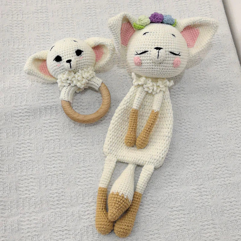 Baby Security Blanket Towel Feeding Bib Soft Towel Cotton Burping Cloth Infant Shower Gift Knitted Lovely Animal Fox Rattle