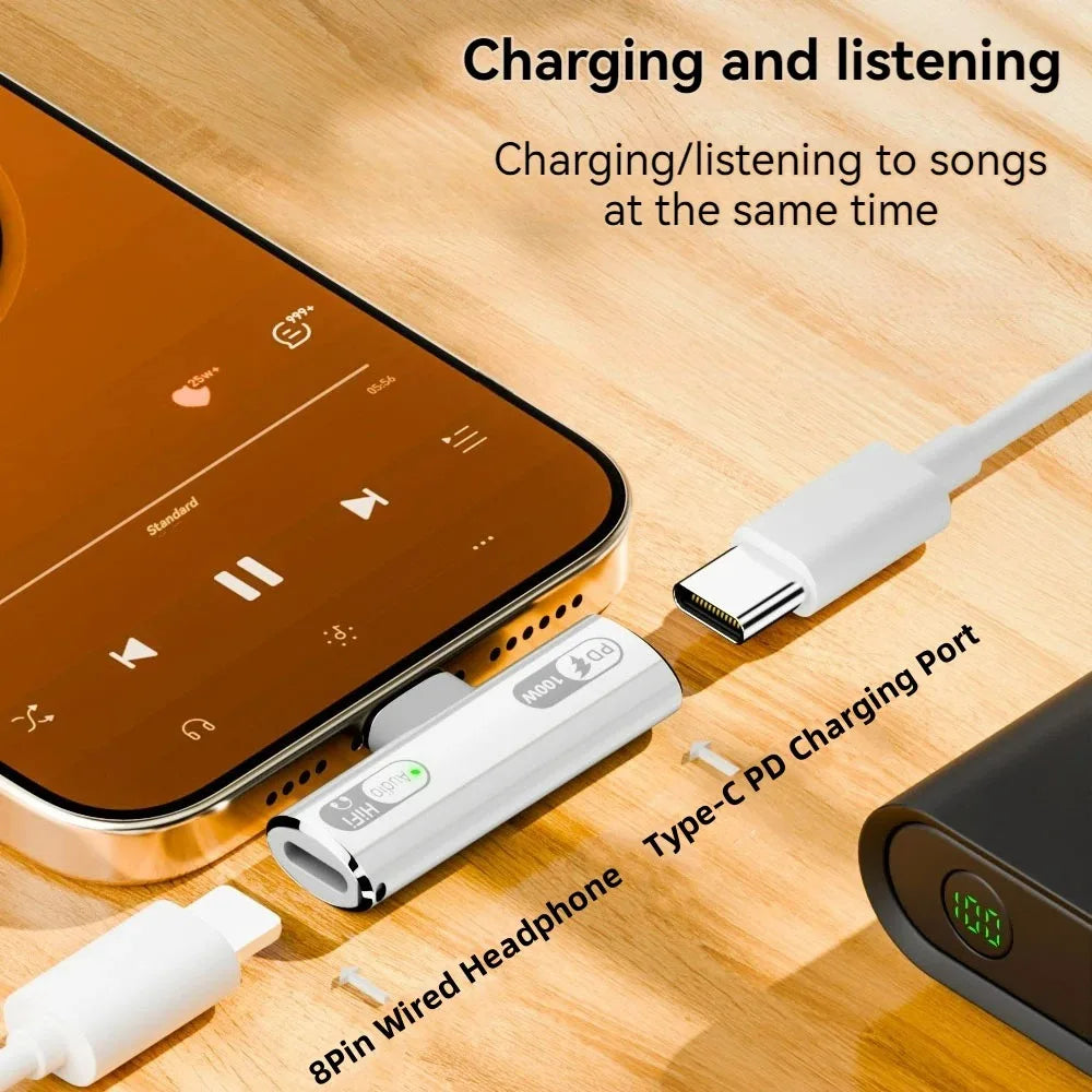 USB C Headphone Audio and Charger 2 in 1 Adapter Type-C to IOS 8Pin Wired Earphone with PD 100W Fast Charging for Phone Tablet
