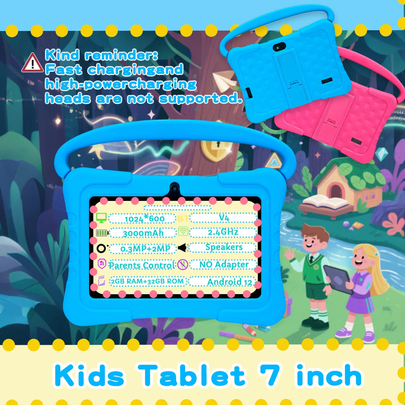 Kids Tablet – 7 Inch Android 12 Educational Tablet with Dual Cameras, Designed for Boys & Girls as a Fun Learning Gift , Blue