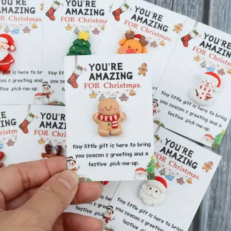 10/40PCS Random Mini Christmas Cards - Emotional Support Gifts with Resin Charms, Santa, Stocking, Gingerbread, Snowman,Reindeer