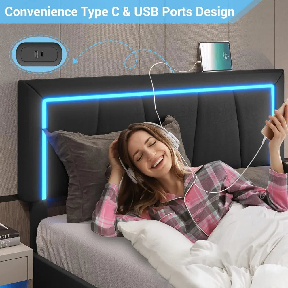 LED Bed Frame with Drawers and USB Ports Modern Upholstered Platform Bed Frame with Storage Queen Size Faux Leather Storage Bed