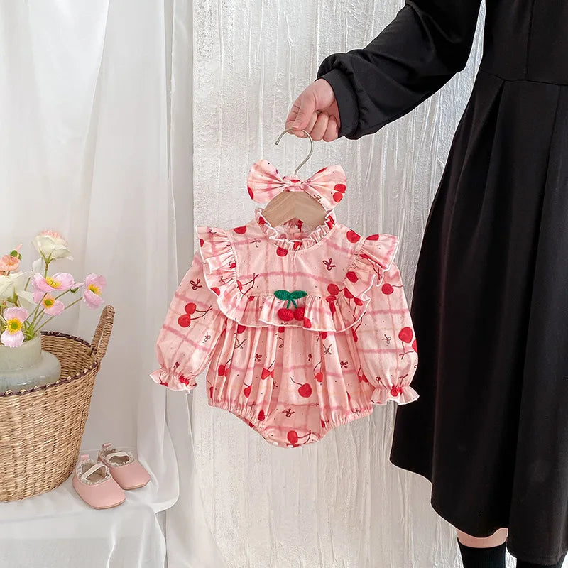 2025 Autumn New Baby Clothes Cherry Print Sibling Clothes Little Sisters Bodysuit Infant Outfit