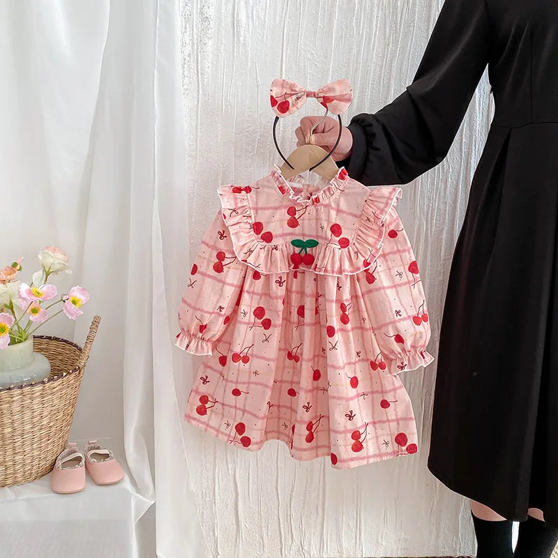 2025 Autumn New Baby Clothes Cherry Print Sibling Clothes Little Sisters Bodysuit Infant Outfit