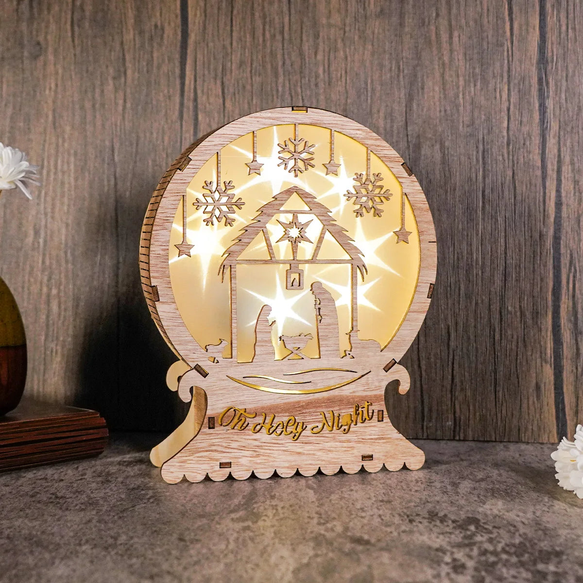 Oh Holy Night Christmas Jesus Birth Wooden Ornaments Led Luminous Bedroom Decoration Christmas Decorations Souvenirs Home Decor