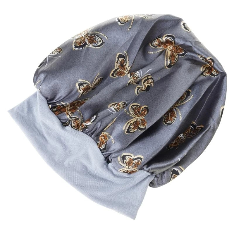 Butterfly Print Satin Sleeping Cap Wide Brim Nightcap Hair Care Turban Chemo Hat for Washing Face Skin-caring Make-up