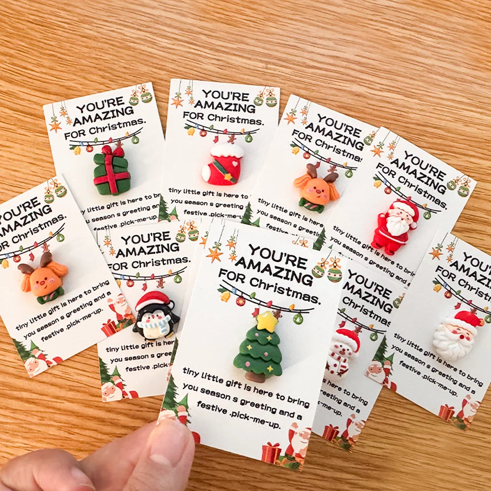 10/40PCS Random Mini Christmas Cards - Emotional Support Gifts with Resin Charms, Santa, Stocking, Gingerbread, Snowman,Reindeer