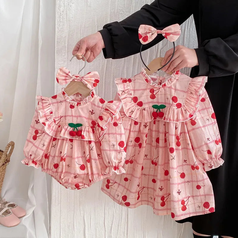 2025 Autumn New Baby Clothes Cherry Print Sibling Clothes Little Sisters Bodysuit Infant Outfit