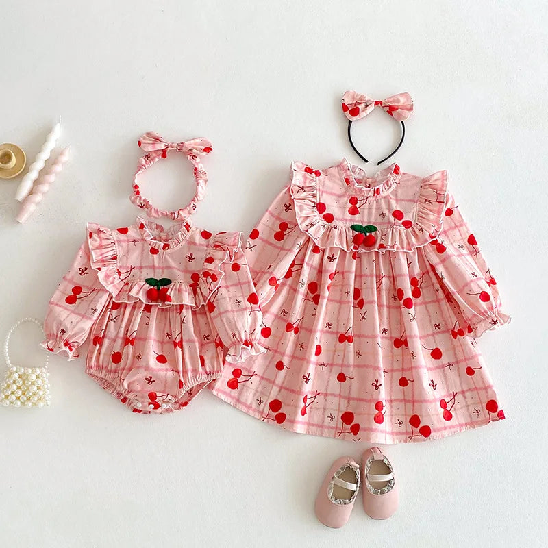 2025 Autumn New Baby Clothes Cherry Print Sibling Clothes Little Sisters Bodysuit Infant Outfit