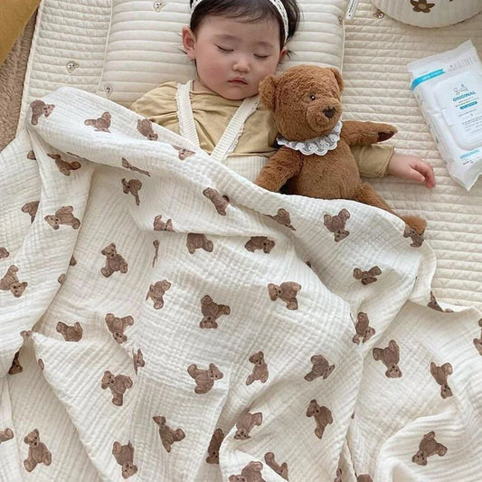Baby Bath Towel 90cmX130cm Bear Print Blanket Muslin Breathable Infant Cotton Gauze Swaddle Wrap Bedding Baby Stroller Cover