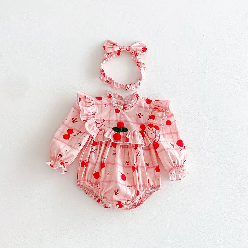 2025 Autumn New Baby Clothes Cherry Print Sibling Clothes Little Sisters Bodysuit Infant Outfit