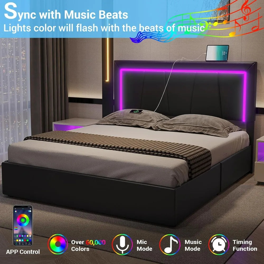 LED Bed Frame with Drawers and USB Ports Modern Upholstered Platform Bed Frame with Storage Queen Size Faux Leather Storage Bed
